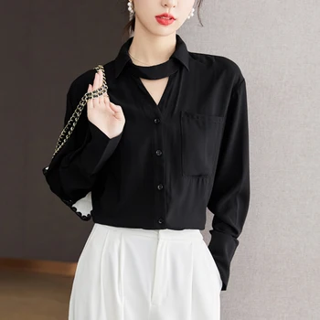 Модная одежда, женская рубашка с длинным рукавом, Винтажная Элегантная Черная Тонкая шифоновая блузка, Офисные женские официальные топы