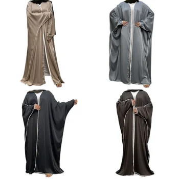 Модное Дубайское Атласное кимоно Абайя, Однотонный халат с рукавами 