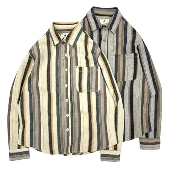 Мужская весенне-осенняя модная хлопковая льняная рубашка в полоску в народном стиле, нейтральная высококачественная винтажная блузка с длинным рукавом, топы