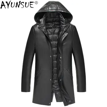 мужская зимняя куртка, мужские пуховики из натуральной кожи, съемный капюшон, длинная толстая теплая тонкая модная шуба из чистой овчины FCY4756