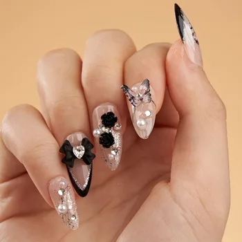 Накладные ногти Французский Градиентный балет Накладные ногти Наклеиваются на ногти Черный Дизайн со стразами, блестящие кончики ногтей полностью покрывают