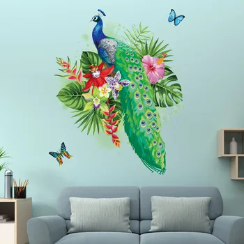 Наклейка на стену из ПВХ для спальни и гостиной, креативная водонепроницаемая наклейка на стену с павлином и цветочным узором, 1шт