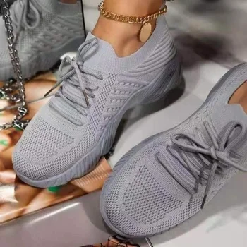 Новые кроссовки, Модная дышащая женская обувь на платформе со шнуровкой, Вулканизированная обувь, Летняя Сетчатая спортивная обувь на плоской подошве, Женские кроссовки для бега