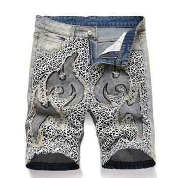 Новые летние свободные мужские джинсовые шорты с прямыми штанинами, расшитые паутиной, повседневные джинсы до середины талии, уличная модная одежда
