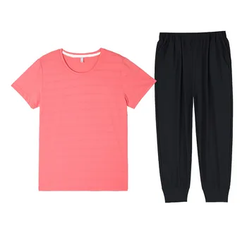 Новый женский летний Свободный Расслабленный Тонкий быстросохнущий фитнес-костюм Trend Ice Silk С коротким рукавом, 7-точечные брюки для бега, комплект из двух предметов