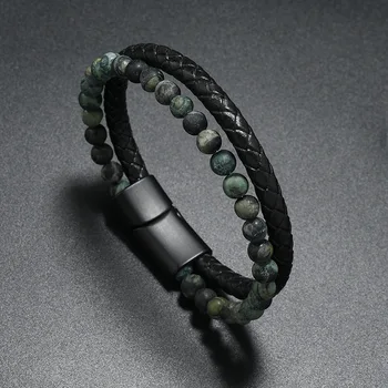 Новый Модный браслет из кожи вулканического камня со стальной оплеткой в стиле панк, крутой Многослойный Кожаный браслет для мужчин, подарок на День рождения