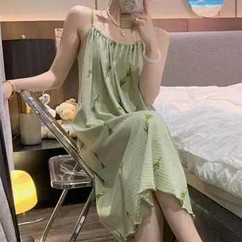 Ночная рубашка с цветочным принтом, пижамы, пижамы, женское Зеленое ночное платье в корейском стиле, Летняя пижама для сна, домашняя одежда на бретельках