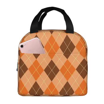 Оранжевая и коричневая сумка для ланча в клетку из буффало, изолированные многофункциональные сумки для ланча, Многоразовая термосумка-холодильник