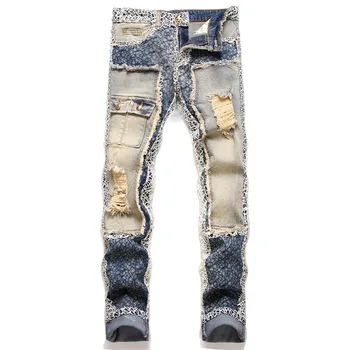 Оригинальный дизайн, мужские рваные джинсы-карго в стиле пэчворк с паутиной, ретро, выстиранные, с множеством карманов, микроэластичные узкие джинсовые брюки