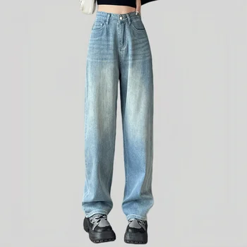 Осенние новые женские джинсы в стиле Y2K, синие мягкие прямые брюки с высокой талией и широкими штанинами