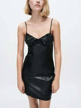 Платье из искусственной кожи на бретельках, женское летнее мини-платье без рукавов с V-образным вырезом, собранное на груди, для вечеринки в ночном клубе, сексуальное Черное платье