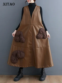 Платье с объемным декором XITAO с V-образным вырезом, однотонный пуловер в стиле пэчворк без рукавов, Свободный, Осень 2023, Новый повседневный Dmj2310