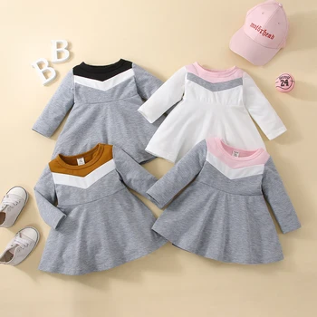 Платье Трапециевидной формы для новорожденных девочек контрастного цвета с длинным рукавом и круглым вырезом, весенне-осеннее повседневное платье 3-24 м
