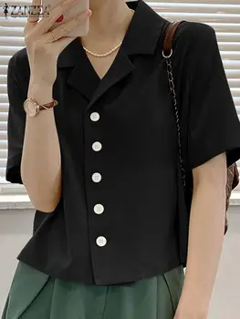 Праздничная блузка с коротким рукавом ZANZEA, женские однотонные укороченные рубашки, модные топы с воротником для костюма, туники, 2023 Летние повседневные блузы OL на пуговицах