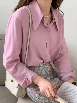 Простая однотонная рубашка Женская 2023 Летняя Свободная дышащая модная рубашка и блузка в корейском стиле, женская повседневная рубашка с длинным рукавом