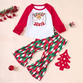 Рождественская одежда для девочек, топы и штаны с длинными рукавами и мультяшным принтом, комплект одежды из 2 предметов для детей, детская одежда 유아 상하복세트