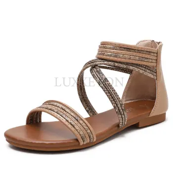 Сандалии на танкетке, женские летние римские туфли из змеиной кожи, повседневные туфли большого размера на плоской подошве, босоножки на платформе с ремешками на щиколотке