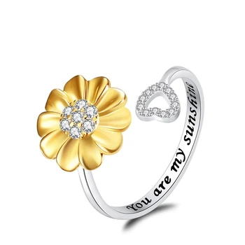 Серебристый цвет, открытый Регулируемый Желтый цветок с прозрачным цирконом, Полые сердечки, кольца для любви для женщин, девочек-подростков, подарок на День рождения