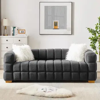 (серый) Диван с широкими квадратными подлокотниками, Плюшевый Бархатный прямоугольный диван, 2 подушки