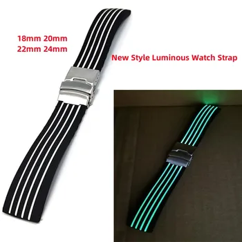 Силикон 18 мм, 20 мм, 22 мм, 24 мм, черная Белая линия, Зеленая светящаяся резина, универсальный прямой ремешок для часов, браслет