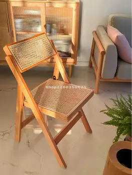 Складной стул из массива дерева и ротанга Nordic Retro Ins Домашний стул со спинкой Ресторан на балконе в семье Простой Табурет для отдыха