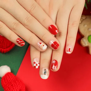 Снежинка Санта Клаус Рождество Милая Ручная роспись Мини Короткие накладные ногти Съемные готовые накладные ногти Прижмите ногти клеем