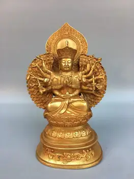 Старая медная тибетская позолоченная статуя Будды Тысячерукой богини милосердия, Бесплатная доставка