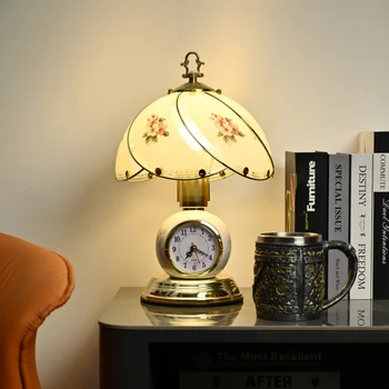 Стеклянная настольная лампа для спальни с сенсорным безэлектродным затемнением, Трехцветная настольная лампа для учебы с часами