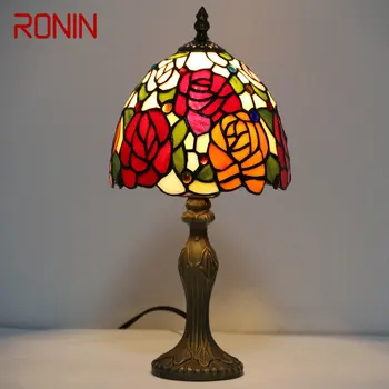 Стеклянная настольная лампа RONIN Tiffany, светодиодная Европейская винтажная креативная настольная лампа с розами для дома, гостиной, кабинета, прикроватного декора