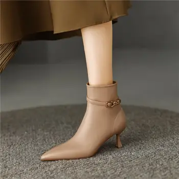 Французские ботинки SLTNX 2023 из мягкой кожи; Новые женские сапоги на высоком каблуке на тонкой шпильке с высококачественной металлической пряжкой; Темпераментные женские ботинки на высоком каблуке