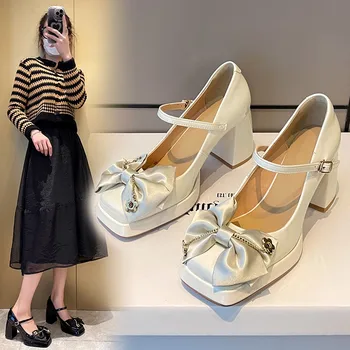 Французские туфли в стиле ретро, женские туфли на толстом каблуке 2023, Женские туфли на высоком каблуке с открытым носком, украшенные бантом, на высоком каблуке