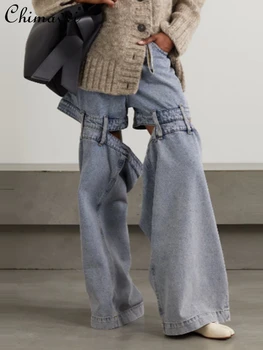 Широкие брюки с индивидуальной строчкой, с высокой талией, с открытой спиной, модные женские джинсы с широкими штанинами в супер свободном стиле, осень 2023