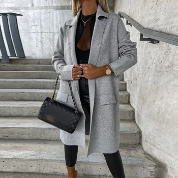 Элегантные офисные женские куртки с отложным воротником и длинными рукавами, модная прямая верхняя одежда, осенне-зимнее простое тонкое женское шерстяное пальто